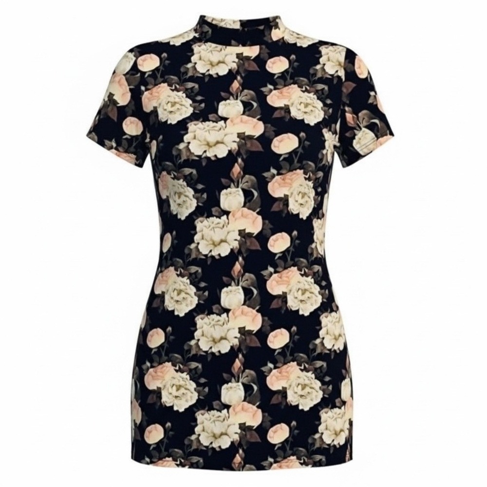 DICE SOFT BLACK FLORAL ROSE‎ PRINTED MINI SHIRT DRESS MOCK NECK KEYHOLE SIZE XL